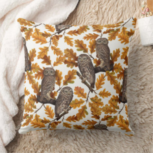 Coussin Chouettes d'automne sur coton blanc