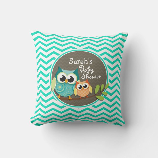 Coussin Chouettes mignonnes ; Aqua Green Chevron (Recto)