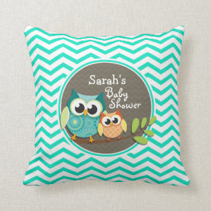 Coussin Chouettes mignonnes ; Aqua Green Chevron