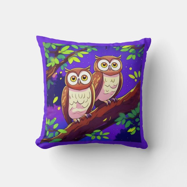 Coussin Chouettes mignonnes sur une branche à la nuit (Recto)