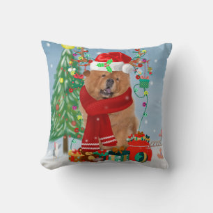 Coussin Chow Chow Chien en neige avec cadeaux de Noël
