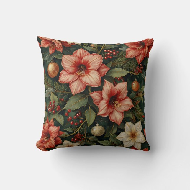 Coussin Christmas Amaryllis & Ornament Floral Pillow (Recto)
