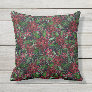 Coussin Christmas Burgundy Poinsettia Flowers Watercolor
