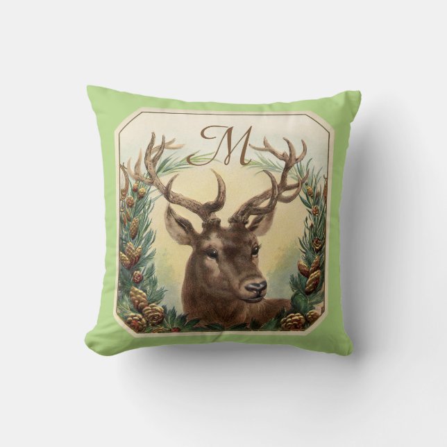 Coussin CHRISTMAS DEER, PINE CONE CROWN MONOGRAMME Vert (Recto)