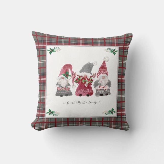 Coussin Christmas Grey Plaid Gnome Love Joie Paix Holly (Recto)