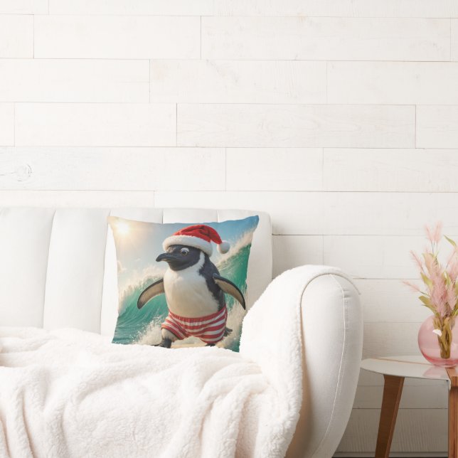 Coussin Christmas Penguin Surfing On an Ocean Wave (Canapé)