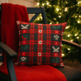 Coussin Christmas Plaid with Snowflakes & Evergreen