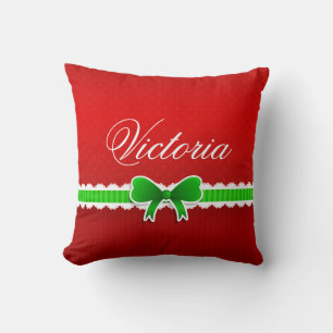 Coussin Christmas Red Design Green Bow Nom personnalisé