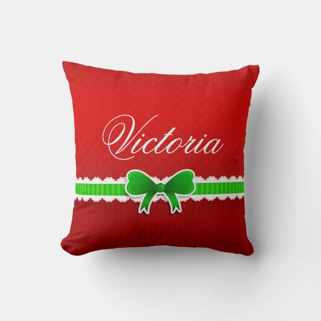 Coussin Christmas Red Design Green Bow Nom personnalisé (Recto)