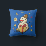 Coussin Christmas Snowman<br><div class="desc">Un mignon bonhomme de neige sur un traîneau avec un cadeau,  une petite lettre et des décorations de Noël.</div>
