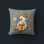 Coussin Christmas Snowman<br><div class="desc">Un mignon bonhomme de neige sur un traîneau avec un cadeau,  une petite lettre et des décorations de Noël.</div>