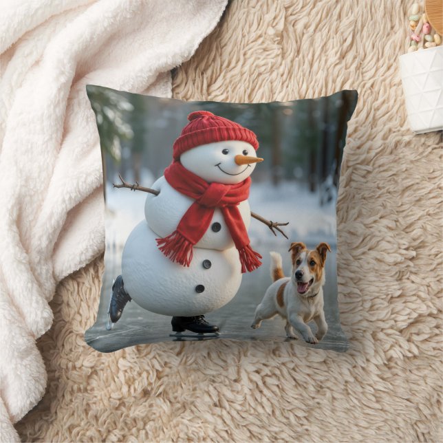 Coussin Christmas Snowman Ice Skating With Dog (Couverture)