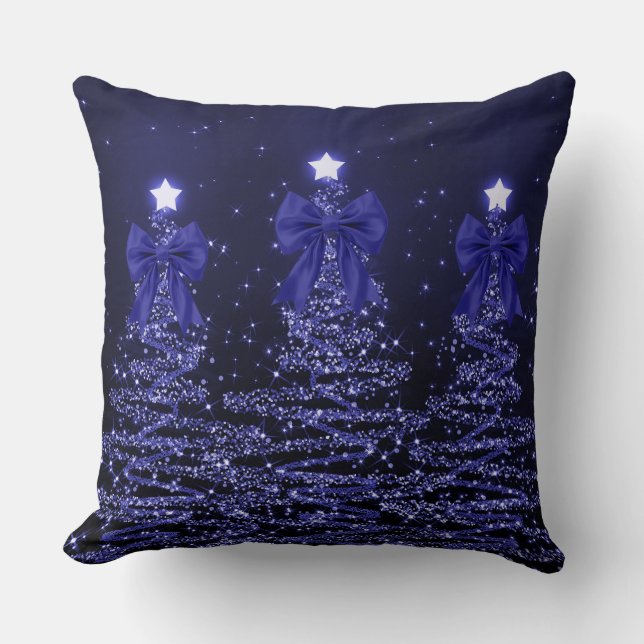 Coussin Christmas Sparkling Trees Navy Blue Faux Bow  (Recto)