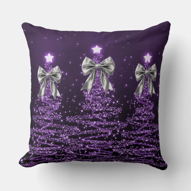 Coussin Christmas Sparkling Trees Purple Faux Silver Bow  (Recto)