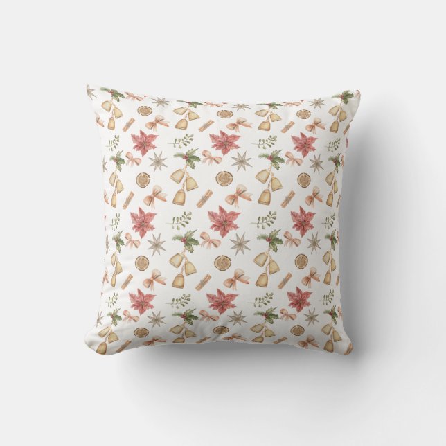 Coussin Christmas Watercolor Bells and Bows Pattern Pillow (Recto)