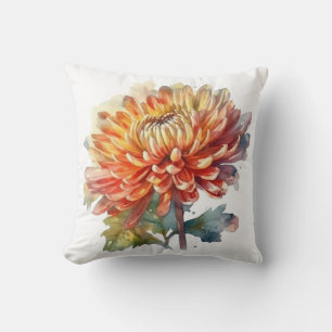 Coussin chrysanthème en aquarelle jaune et orange