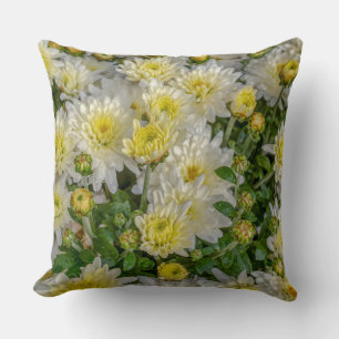 Coussin Chrysanthème Floral Jaune Vert Blanc Blanc