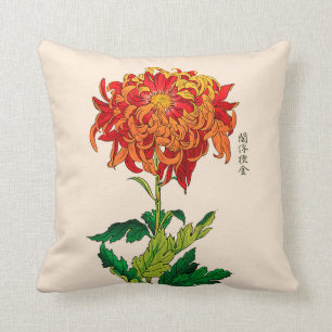 Coussin Chrysanthème japonais vintage. Rouille et orange