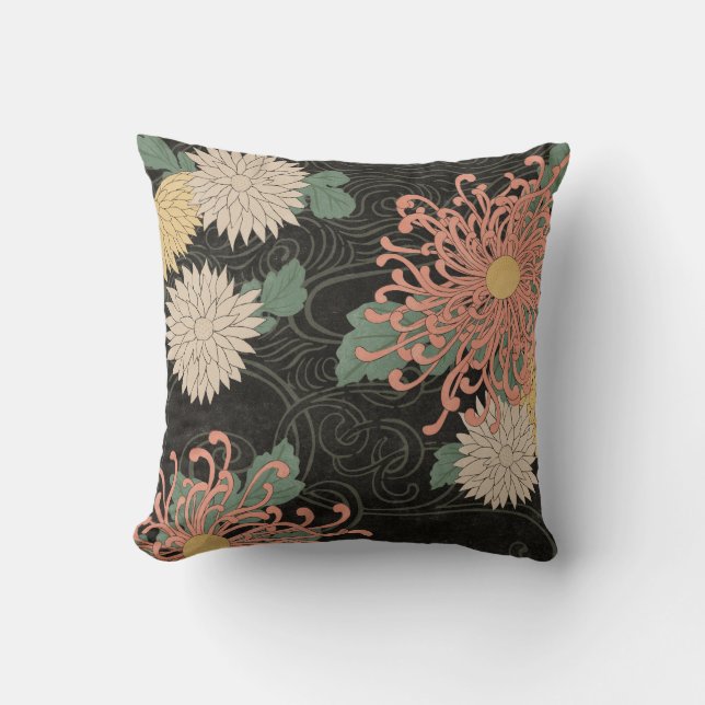 Coussin Chrysanthème japonais Vintage spectaculaire (Recto)