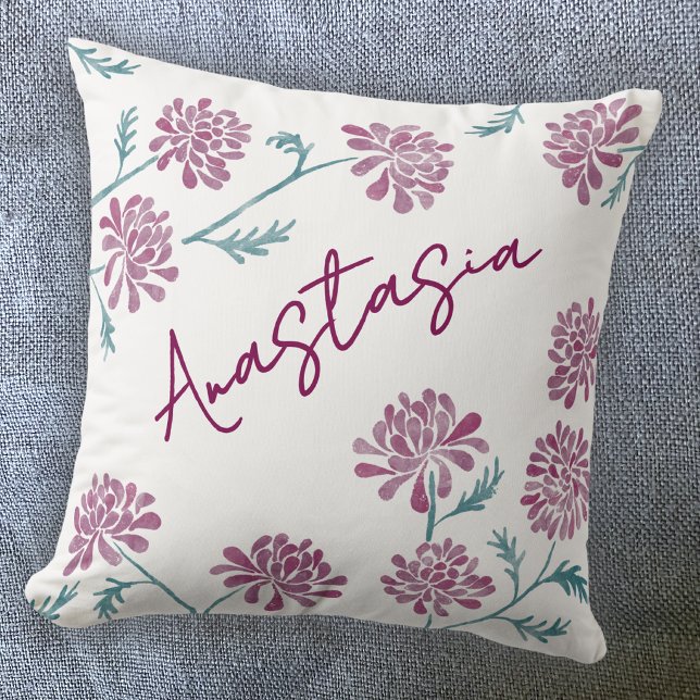 Coussin Chrysanthème personnalisé du mois de naissance de  (November birthday personalized birth month flower chrysanthemum art throw pillow gift)