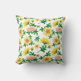 Coussin Chrysanthèmes aquarelle. Fleurs jaunes avec gre