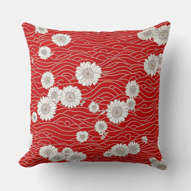 Coussin Chrysanthèmes blancs japonais sur vagues rouges (Recto)