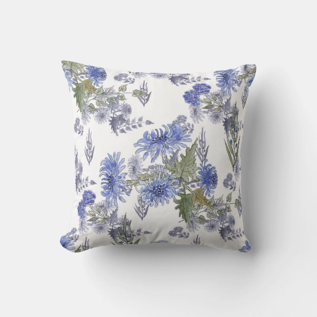 Coussin Chrysanthèmes bleus, aquarelle, aquarelle (Recto)