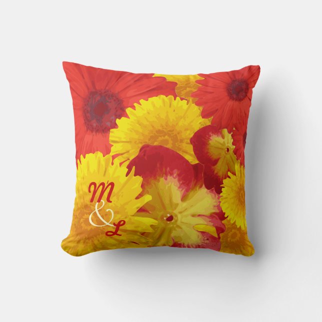 Coussin Chrysanthèmes jaunes de marguerites rouges (Recto)