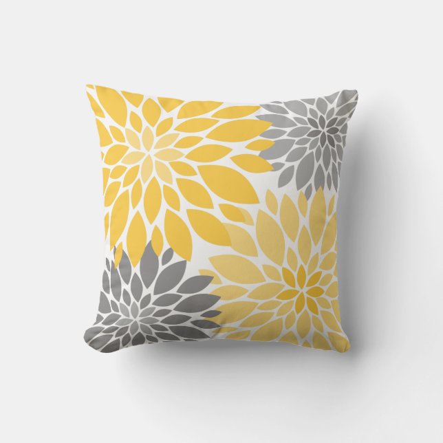 Coussin Chrysanthèmes jaunes et gris Motif floral (Recto)
