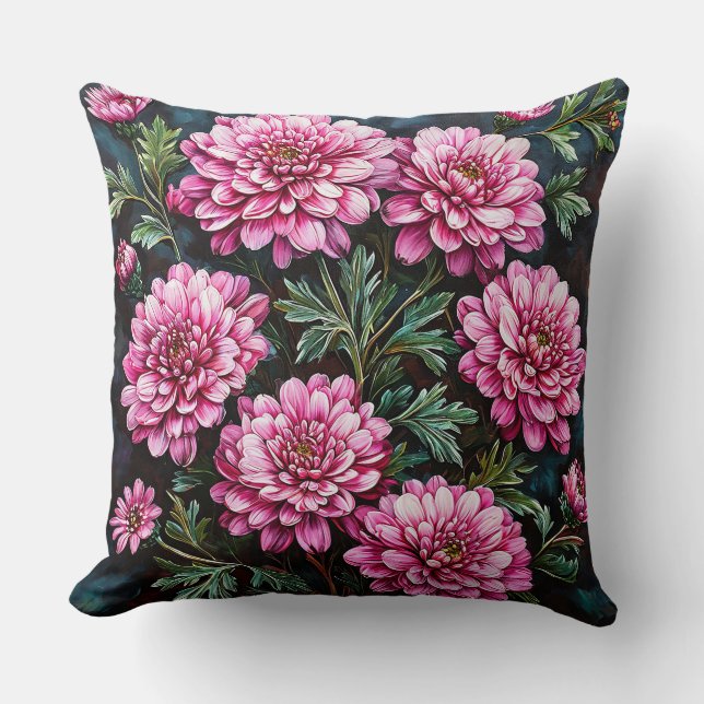 Coussin Chrysanthèmes roses vibrants (Recto)