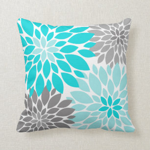 Coussin Chrysanthèmes turquoise et gris Motif floral