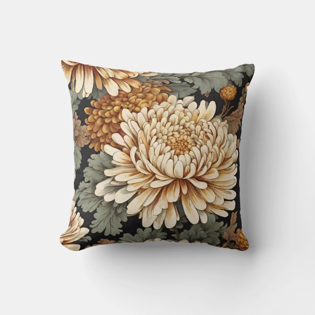 Coussin Chrysanthèmes vintages blanc et jaune (Recto)