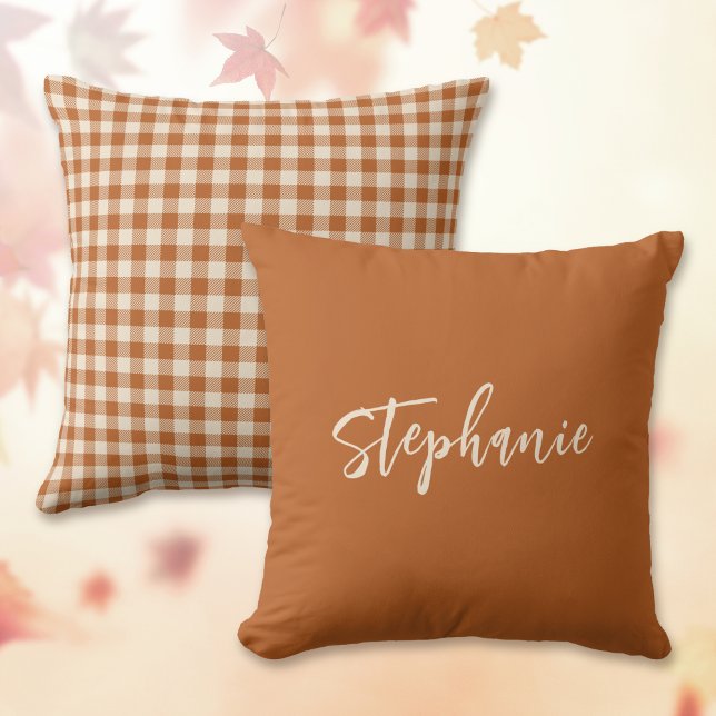 Coussin Chute Réversible Orange Brûlé Gingham Carreaux Nom (Créateur téléchargé)