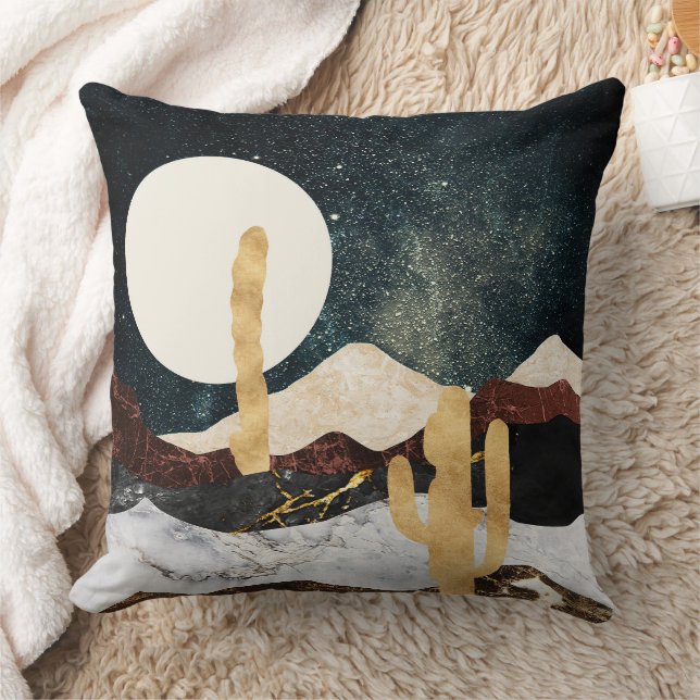 Coussin Ciel de nuit du désert Abstrait avec Cactus d'or (Couverture)