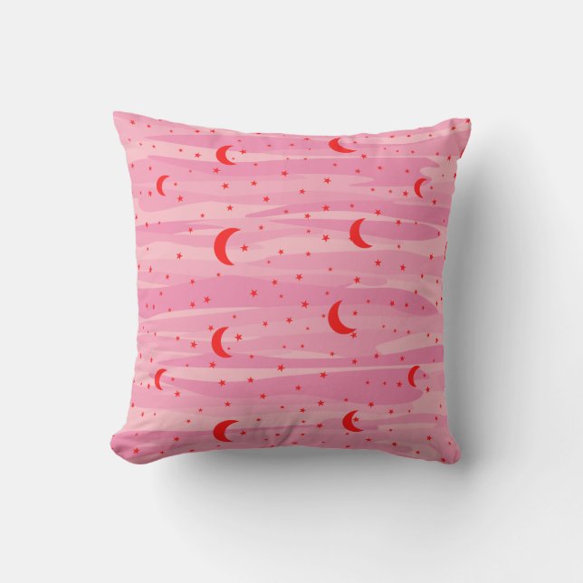 Coussin Ciel nocturne aux tons roses - Lune et étoiles (Recto)