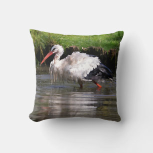 Coussin cigogne blanche dans l'eau carte postale ornement 