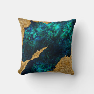 Coussin Ciment bleu et or Abalone Mélange média abstrait