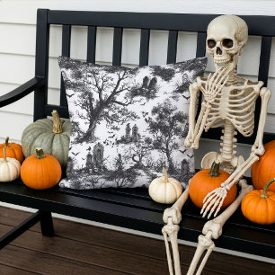 Coussin Cimetière Effrayant Toile de Jouy Motif Gris Blanc