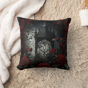 Coussin Cimetière gothique Jardin Rose avec Rouge et Noir
