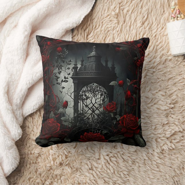 Coussin Cimetière gothique Jardin Rose avec Rouge et Noir (Couverture)