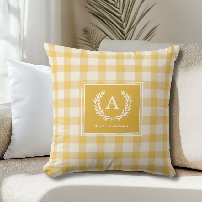 Coussin Cimier En vichy monogramme jaune (Yellow 
Gingham Monogram Crest Throw Pillow)