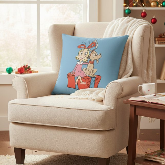 Coussin Cindy Lou Who et Max sur un cadeau (Créateur téléchargé)