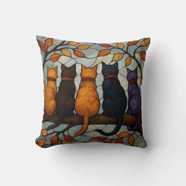 Coussin Cinq chats sur une branche d'arbre de style vitrai (Recto)