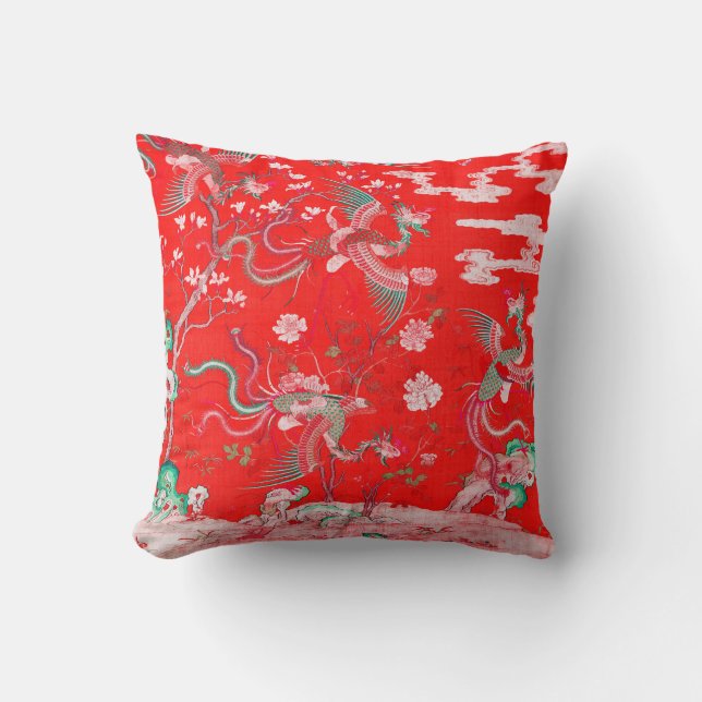 Coussin Cinq Phénix dans le jardin Fleurs rouges chinoises (Recto)