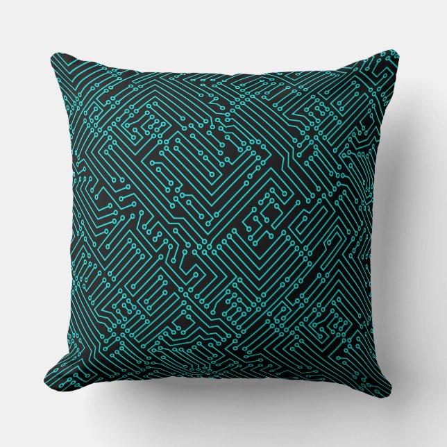 Coussin Circuitrie - Cyan en noir (Recto)