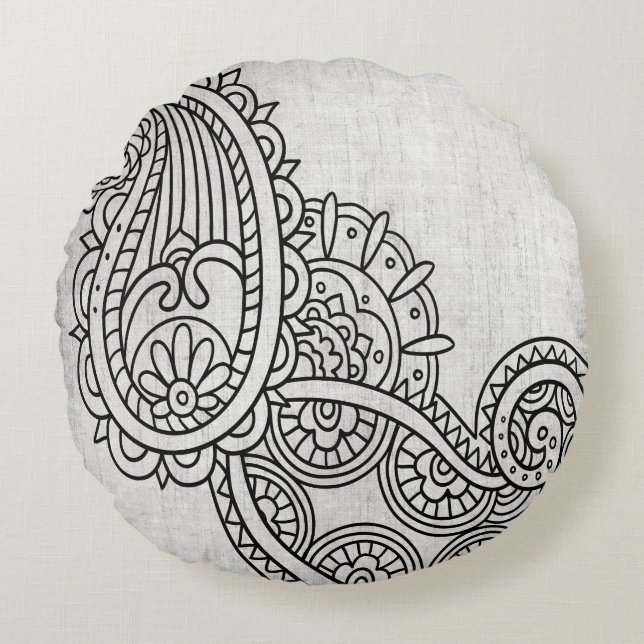 Coussin circulaire gris Mehndi Motif (Devant)