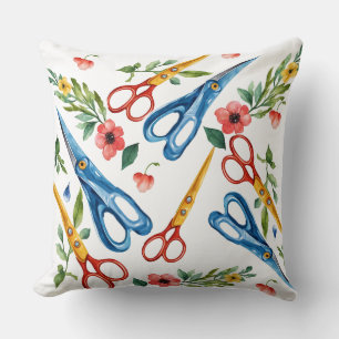 Coussin Ciseaux à l'aquarelle & Motif sans fin de fleurs s