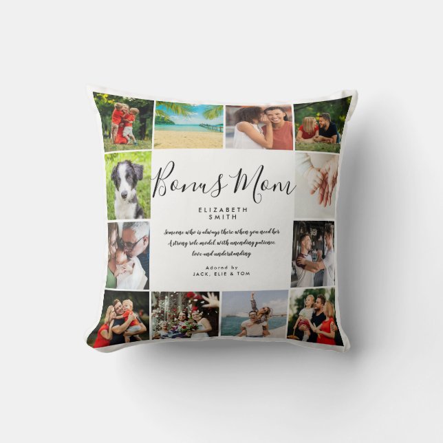 Coussin Citation de belle-mère Bonus Mom Collage de 12 pho (Recto)