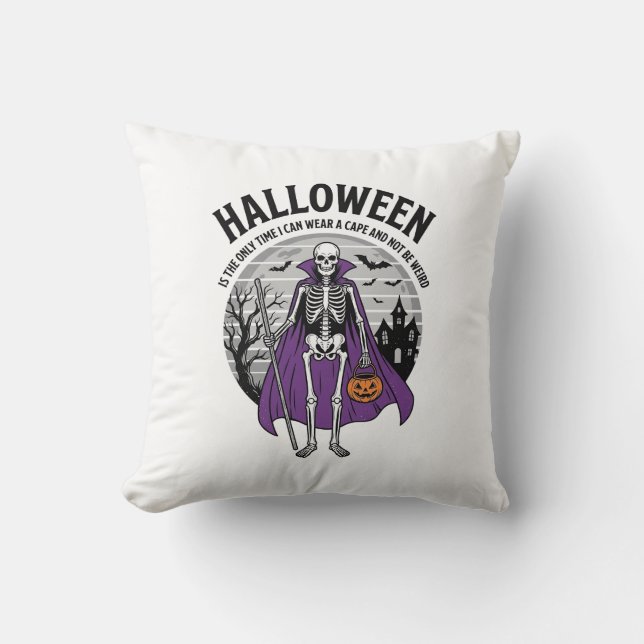 Coussin Citation drôle de cape d'Halloween de squelette De (Recto)