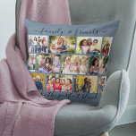 Coussin Citation famille et amis 12 Photo Collage bleu<br><div class="desc">Créez votre propre coussin photo avec 12 de vos photos préférées. Le design a une citation manuscrite élégante qui dit "famille & amis font le parfait mélange" et vous pouvez modifier ceci si vous le souhaitez. Le modèle photo est aménagé pour vous permettre d'ajouter vos propres photos, disposées dans une...</div>